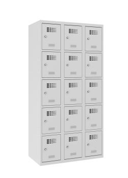Ein lichtgrauer Fächerschrank mit drei Abteilen und 15 Fächern mit jeweils einer Tür. Alle Türen sind geschlossen. Der Schrank steht vor einem weißen Hintergrund.